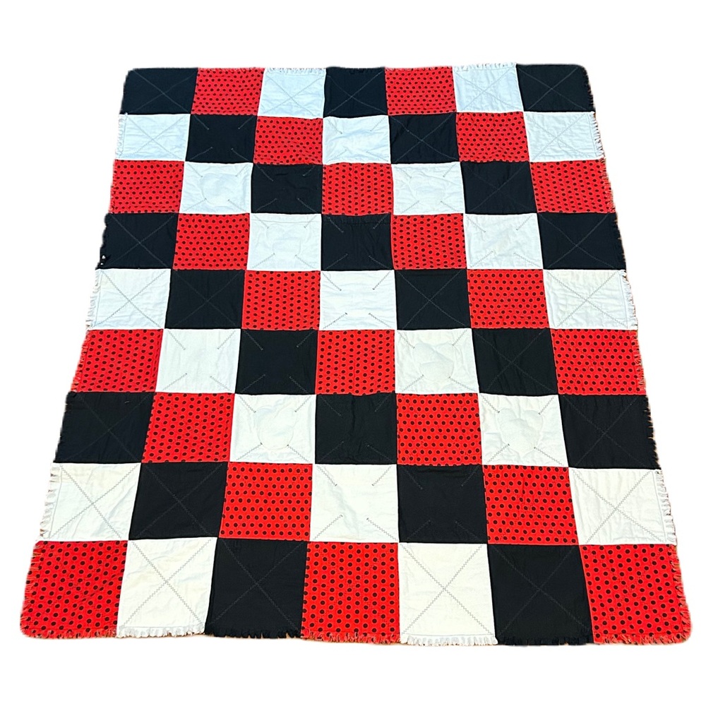 Hand Crafted Red, Black, and White Patchwork Throw - Picture 2 of 10